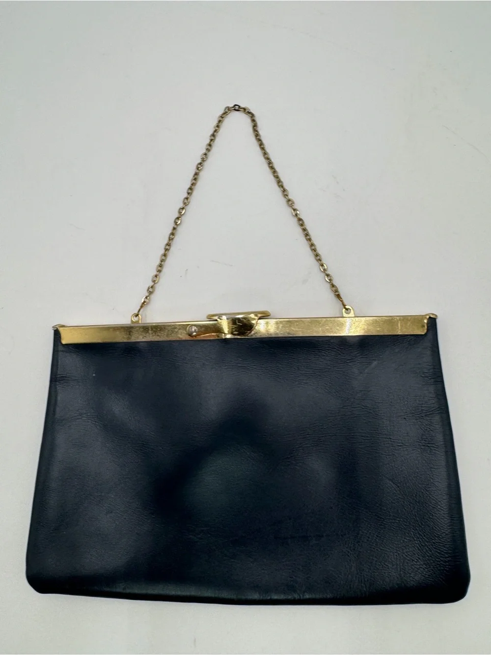 Vintage Etra Genuine Leather Navy Blue Clutch Purse Gold Chain Evening Bag